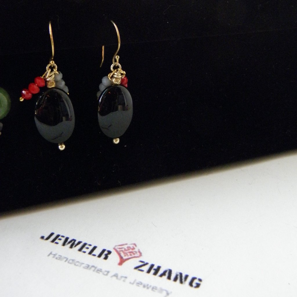 High Polished Black Agate With Crystal Handmade Earring